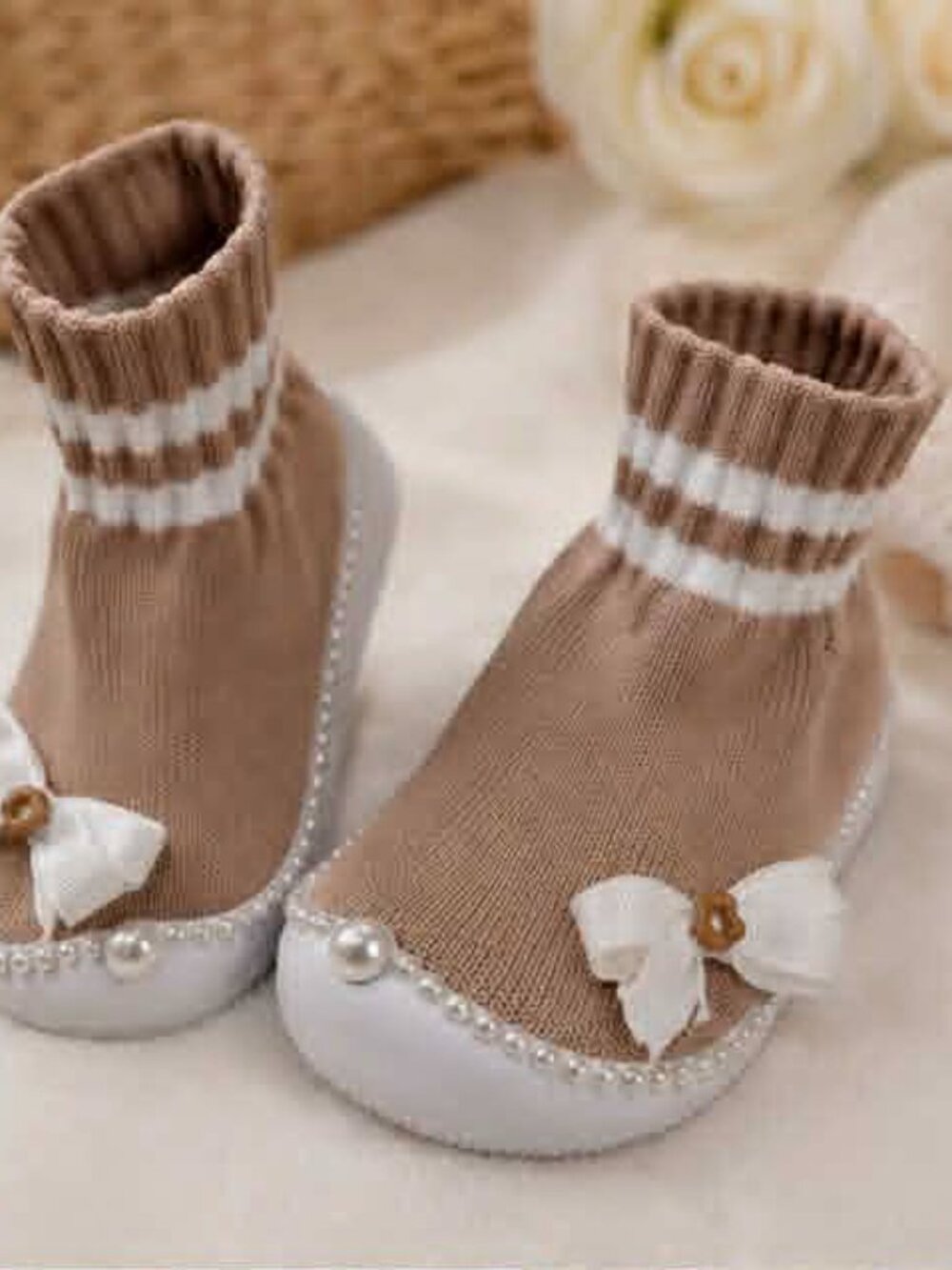 Hand Decorated Baby Sock Shoes | Pearl & Bow Details | Size 25-27 | New